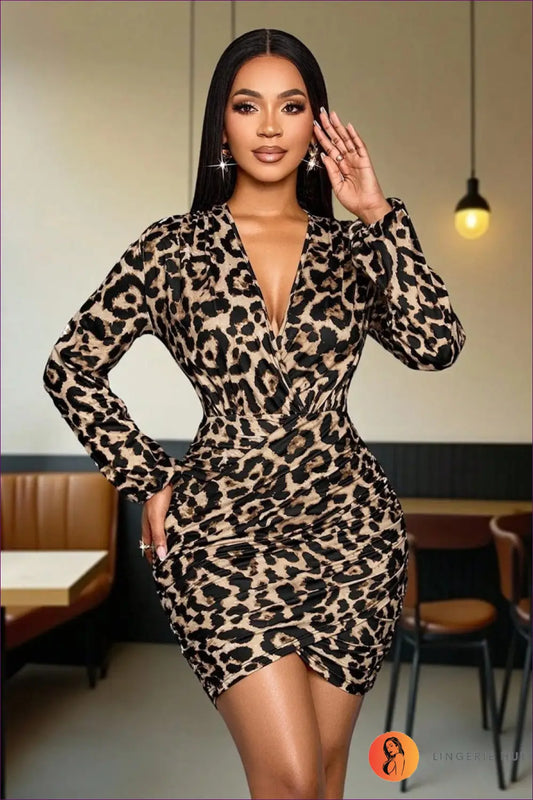 Leopard Print Wrap Mini Dress - Worth a Second Look - s / Brown - Dresses - Lingerie Hut - Animal • Autumn • Bodycon