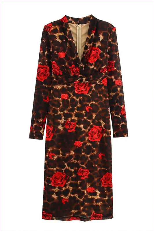 Leopard Rose Print Midi Dress with v Neck - Statement Party Style
