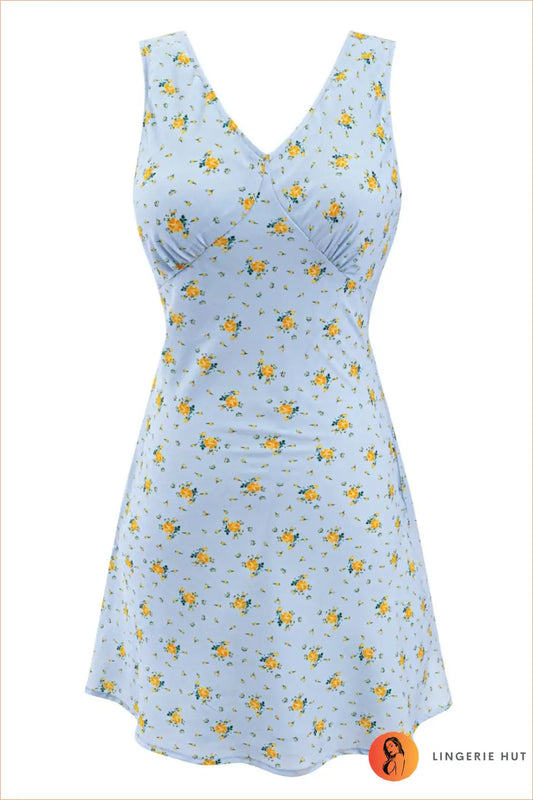 A Line Dress with Fitted Waist - Everyday Radiance - s / Blue Flower - Casual • Cotton • Dresses - Lingerie Hut