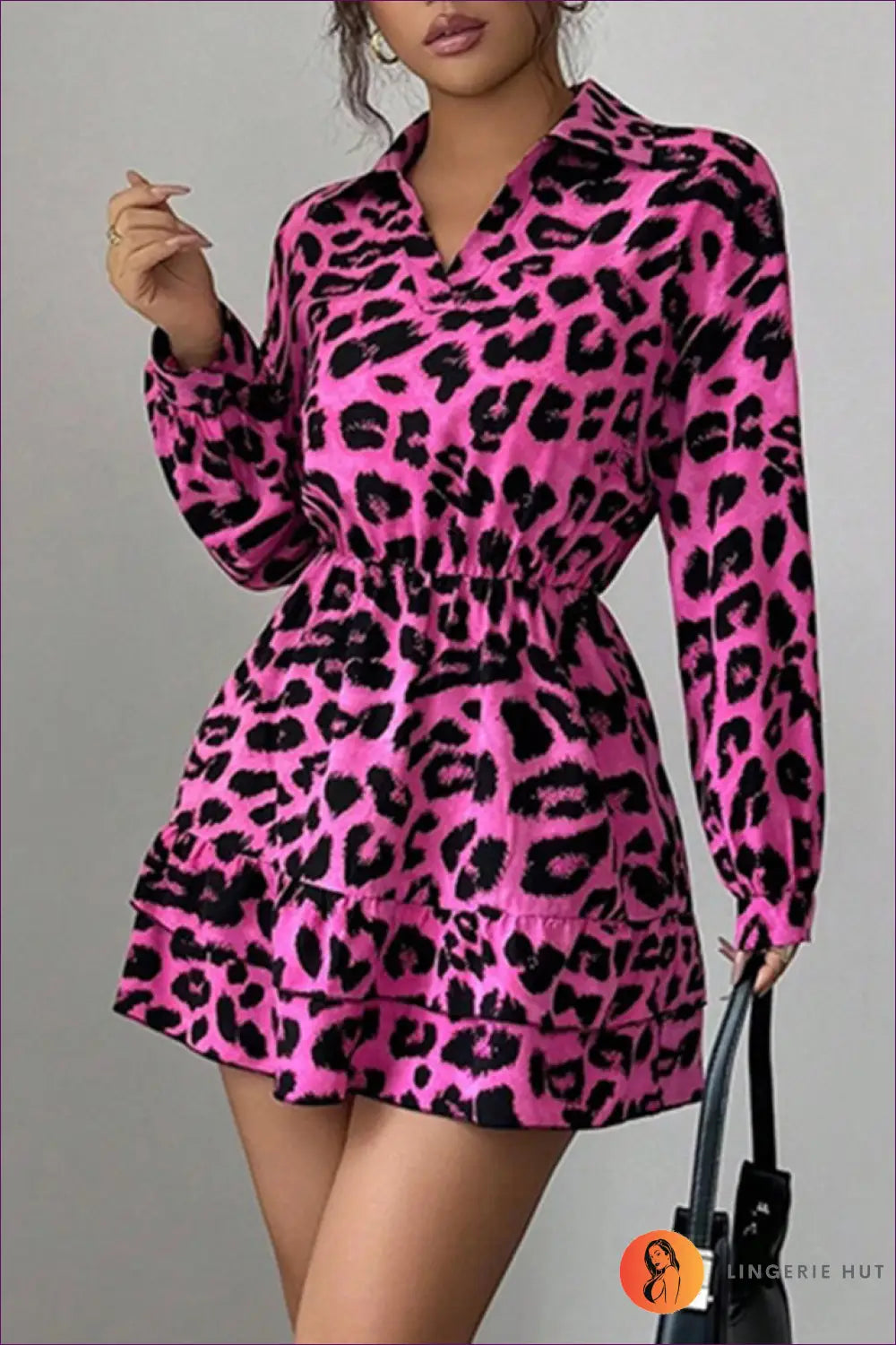 A Line Dress with Leopard Print and Tiered Skirt - Effortless Wild Charm - s / Pink - Dresses - Lingerie Hut - A-line