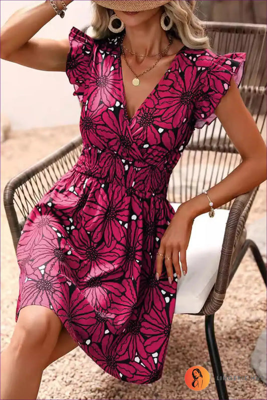 A-line Dress with Ruffled Sleeves and Floral Print - Effortless Day Charm for A-line, Boho, Casual, Dress,