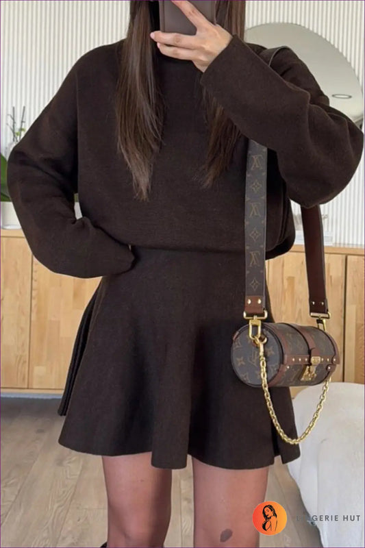 A-line Knit Sweater Dress with Flared Skirt - Effortless Casual Days - s / Brown - Dresses - Lingerie Hut - Autumn