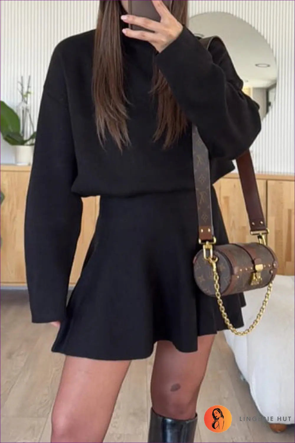 A-line Knit Sweater Dress with Flared Skirt - Effortless Casual Days - s / Black - Dresses - Lingerie Hut - Autumn
