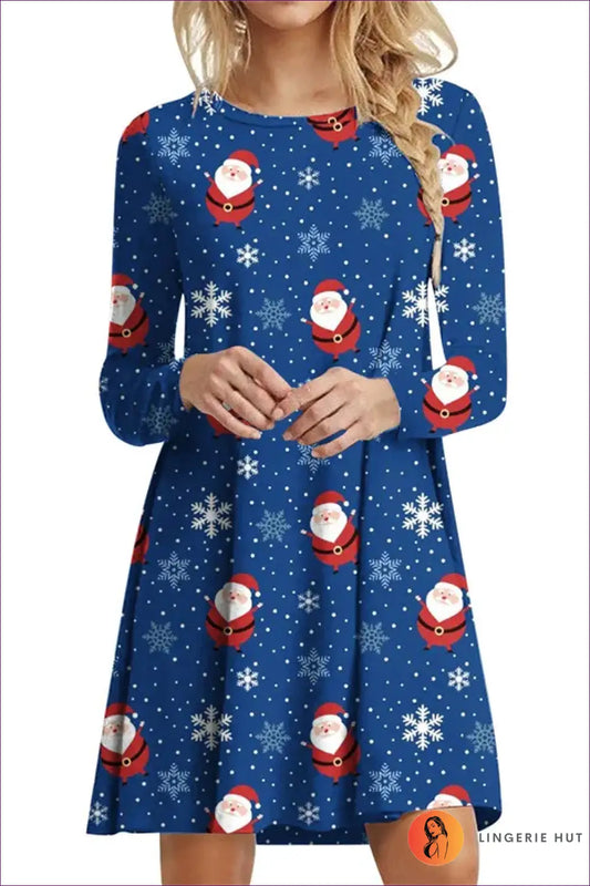 A-line Mini Dress with Festive Print - Winter Party Mood - Blue / s - Dresses - Lingerie Hut - Autumn • Casual