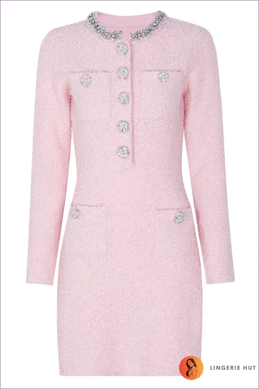 A Line Mini Dress with Rhinestone Buttons - Chic Everyday Sparkle for A-line, All Season, Casual, Dress,