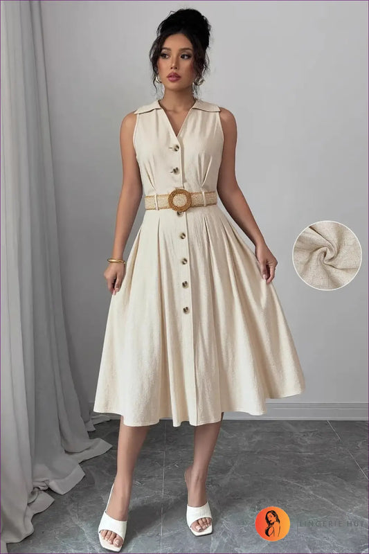 Linen-look Midi Shirt Dress with Belt - Effortless Everyday Ease - 欧美码s / Khaki European and American u Size S,