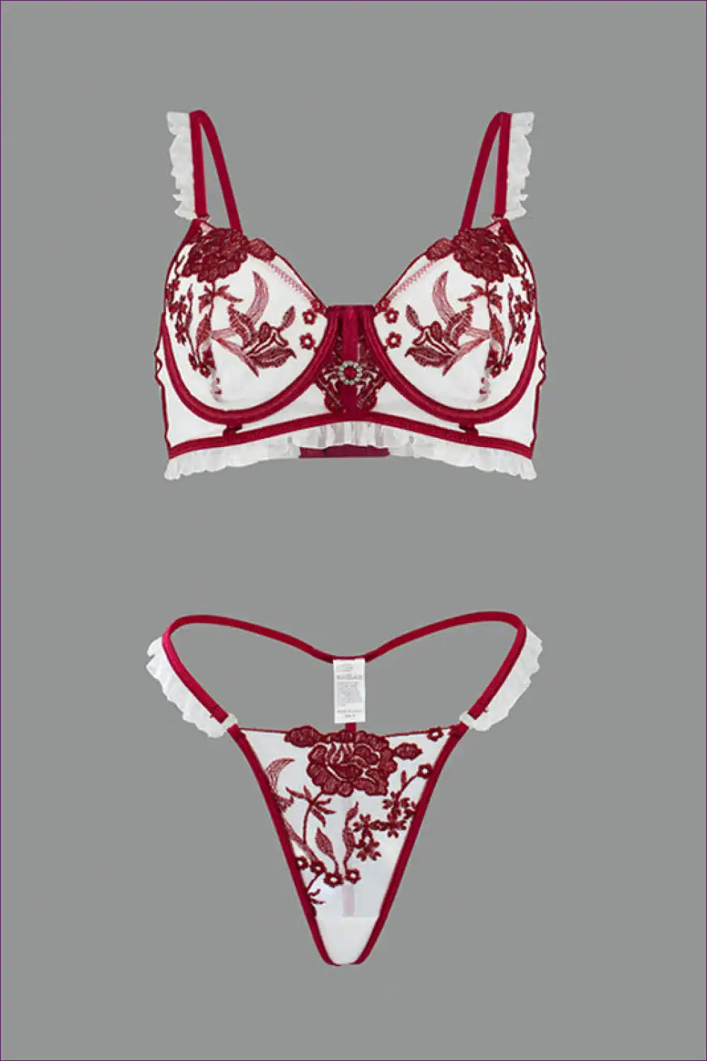 Lingerie Set with Embroidered Mesh and Ruffle Trim - Playful Luxury for Boudoir, Bra Set, Date Night, Evening