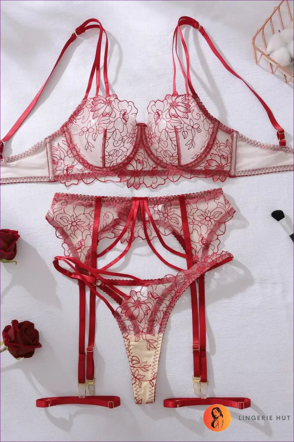 Embroidered Lace Bra Set with Garter - Worth a Second Look - Burgundy / s - Date Night • Everyday • Floral • Lingerie
