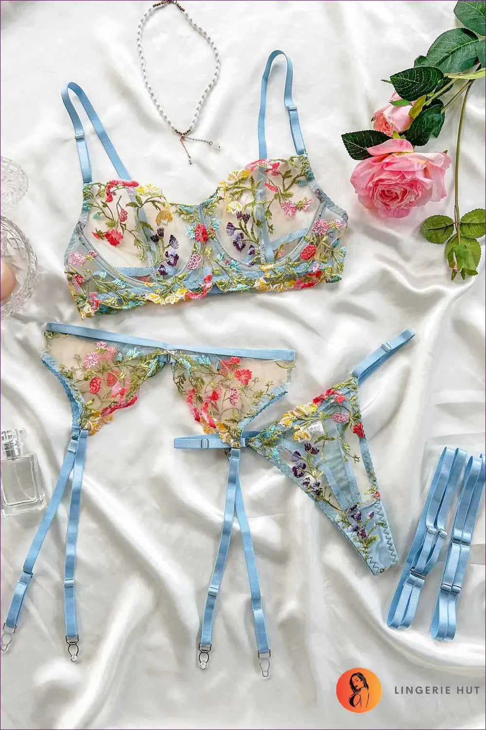 Embroidered Mesh Bra Set - the Honeymoon Edit - s / Light Blue - Lingerie Hut - Boudoir • Cutout • Floral • Garter