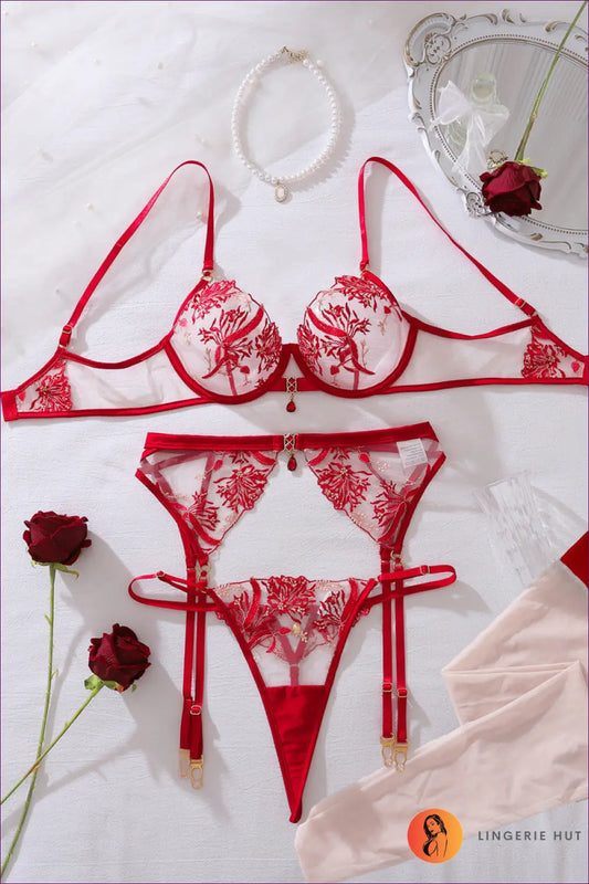 Embroidered Mesh Bra Set - the Honeymoon Edit - s / Red - Lingerie Hut - All Season • Boudoir • Cutout