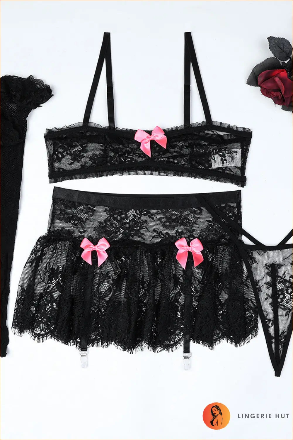 Lingerie Set with Floral Lace - Romantic Evenings - s / Black - Bra - Best Seller • Everyday • Garter - Hut