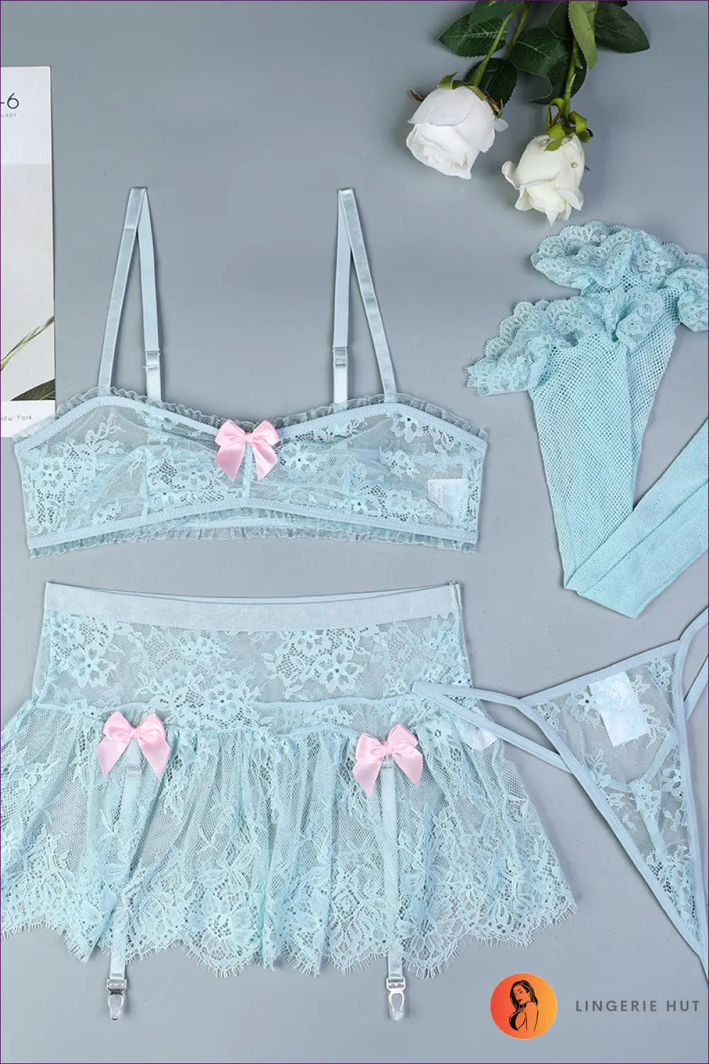 Lingerie Set with Floral Lace - Romantic Evenings - s / Mint - Bra - Hut - All Season • Boudoir • Garter
