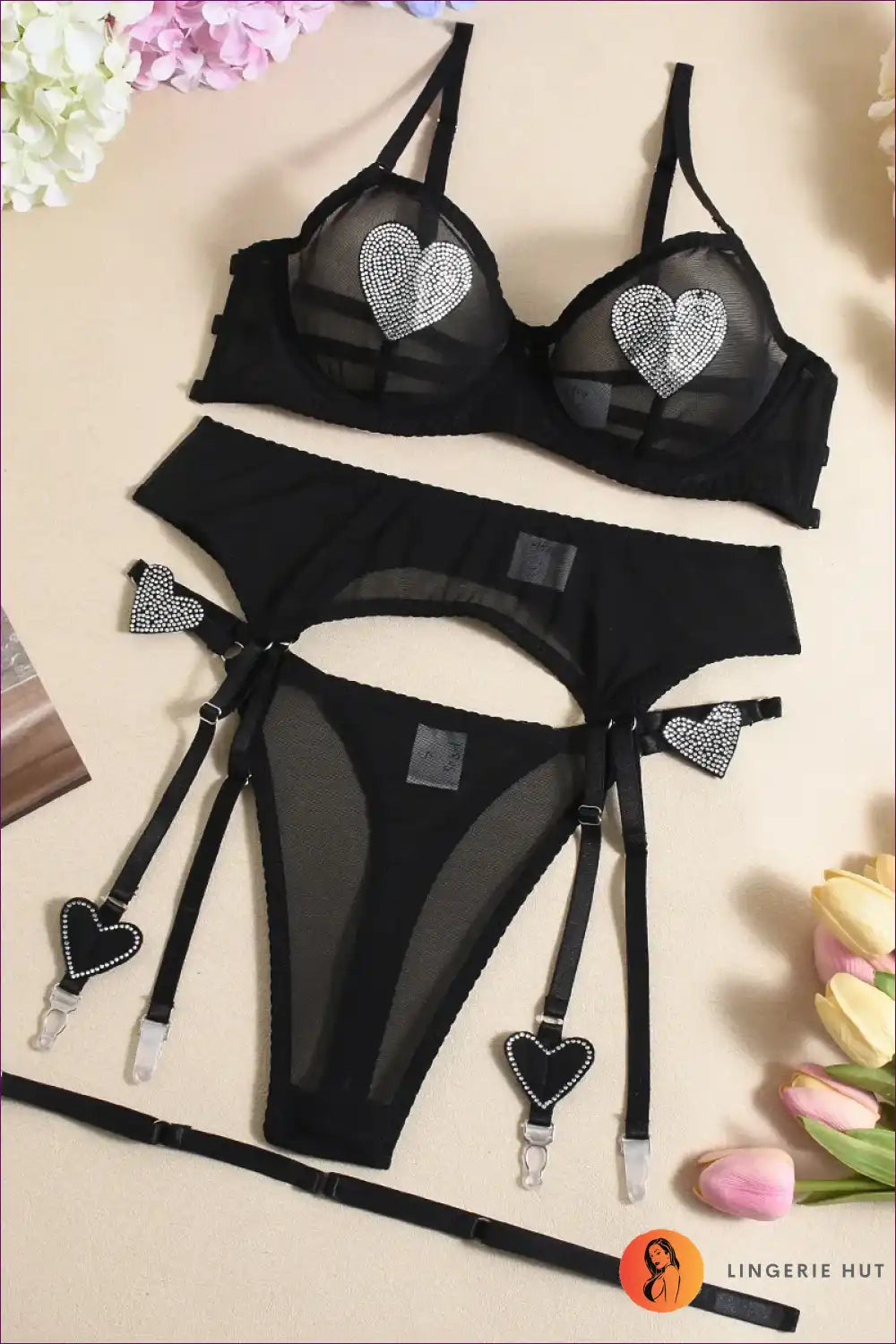 Lingerie Set with Rhinestone Hearts and Mesh - Festival Fantasy for Boudoir, Bra Set, Clubwear, Garter,