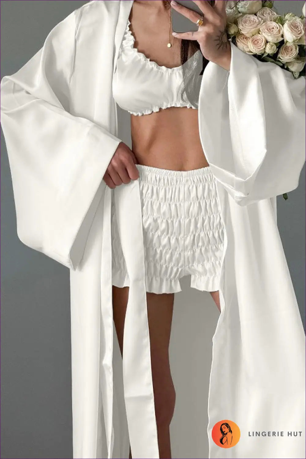 Pyjama Set with Robe - the Honeymoon Edit - s / White - with - Bridal • Glamour • Lingerie • Loungewear - Hut