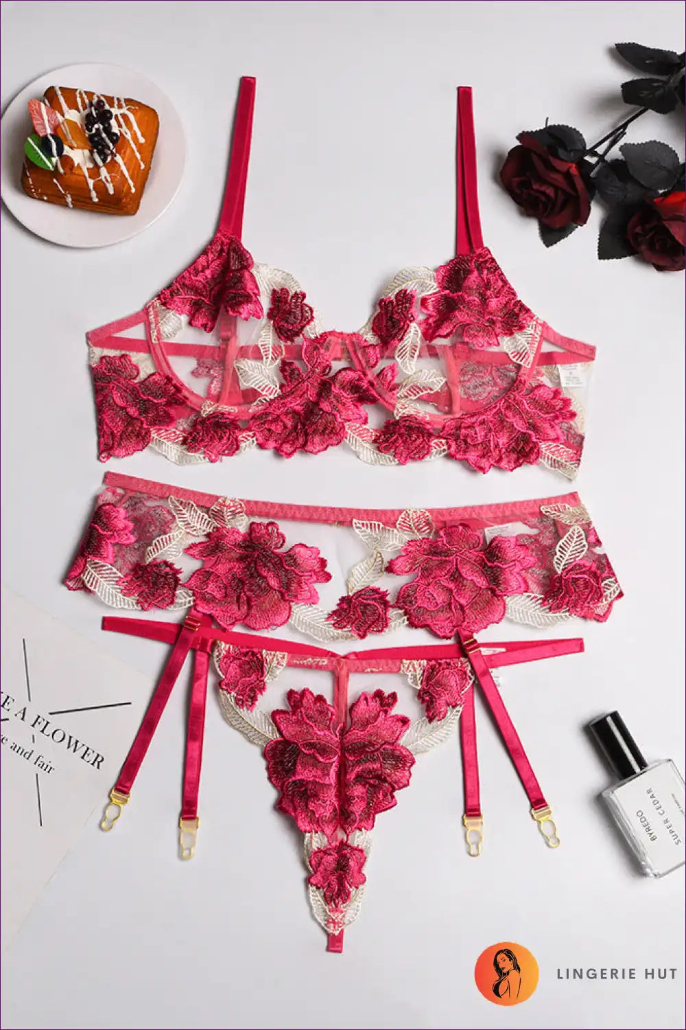 Lingerie Set with Rose Embroidery - Blooming Elegance for Boudoir, Bra Set, Cutout, Floral, Garter