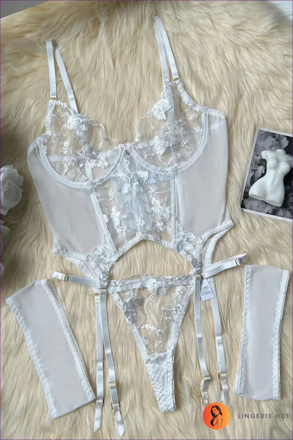 Lingerie Set with Sheer Embroidery - Push Up Bra & Panty for Boudoir, Set, Date Night, Everyday, Floral