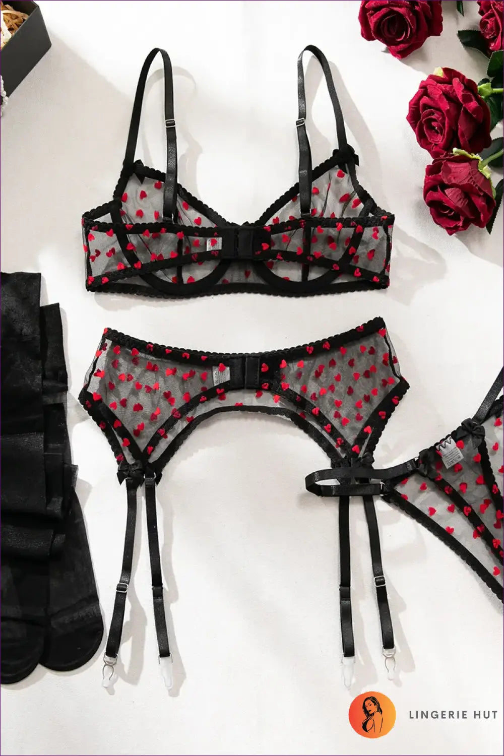 Sheer Heart Embroidered Bra Set - the Playful Boudoir Edit - Lingerie Hut - All Season • Cutout • Garter
