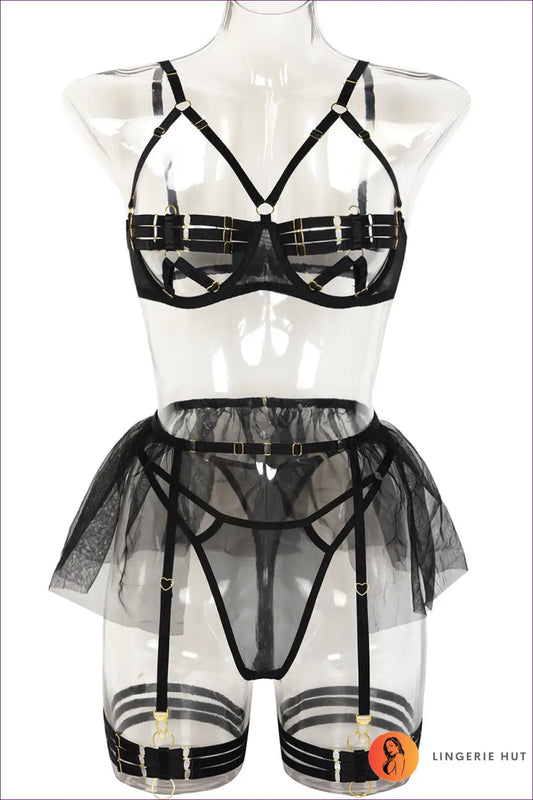 Lingerie Set with Strappy Details - Bold Statement - s / Black - Bra - Hut - All Season • Boudoir • Cutout • Date Night