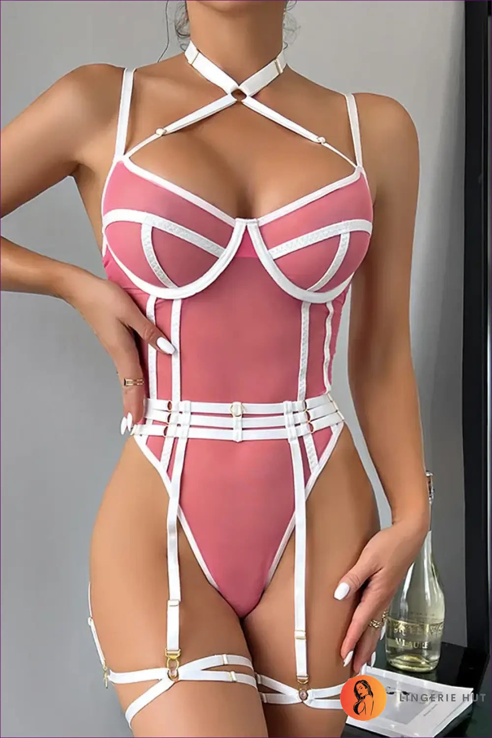 Strappy Mesh Bra Set with Garter - Statement Energy After Dark - Pink Bodysuit / s - Bodysuit - Lingerie Hut - All
