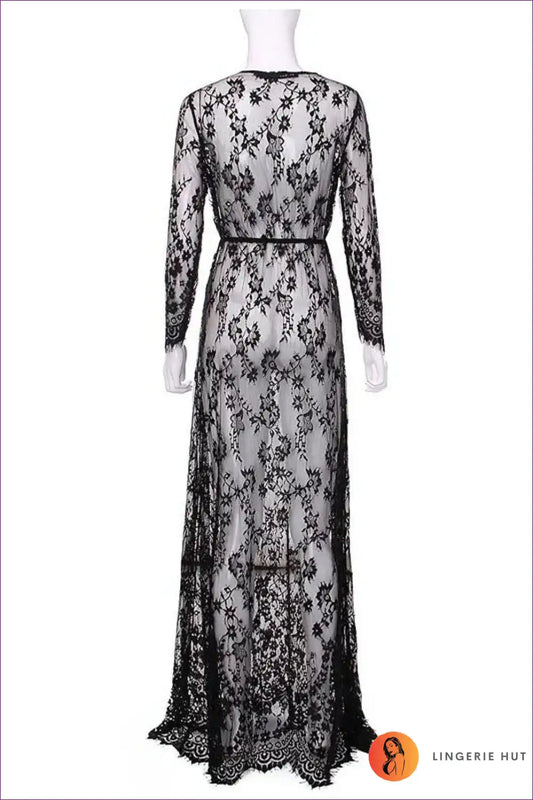 Long Lace Nightgown with Plunge Neck and Sheer Sleeves - Dreamscape Mood for Boudoir, Bridal, Evening Wear,