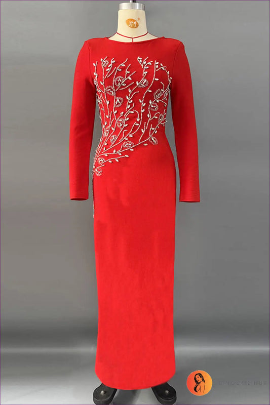 Long Sleeve Maxi Dress with Handmade Beads - Artisanal Evening Grace - s / Red - Dresses - Lingerie Hut - Evening Wear