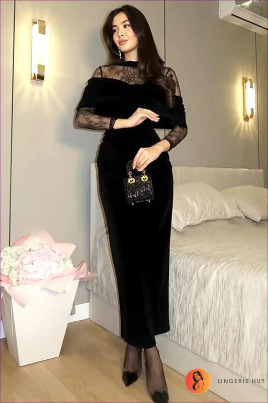 Long Sleeve Maxi Dress with Lace Yoke - Timeless Evening Romance for Autumn, Bodycon, Dress, Evening Wear,