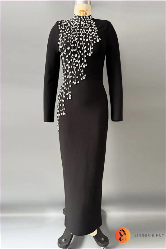 Long Sleeve Maxi Dress with Rhinestone Detail - Understated Glamour - s / Black - Dresses - Lingerie Hut - Bodycon