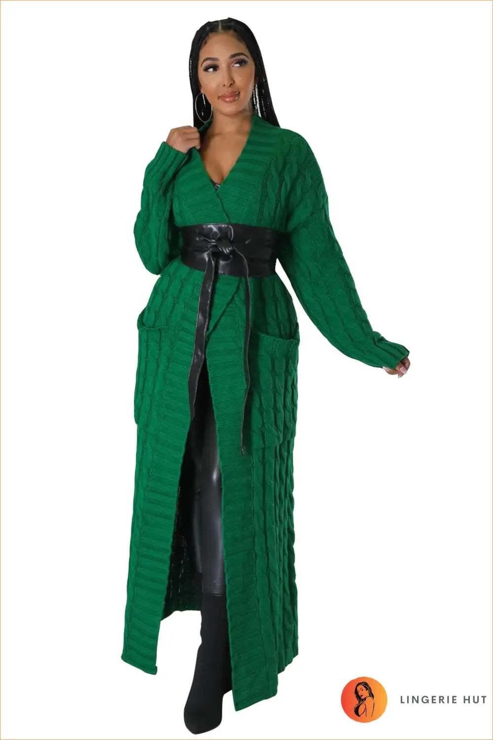 Cable Knit Longline Robe - s / Green - Sweater - Casual • Clothing • Everyday • Jersey • Loungewear - Lingerie Hut