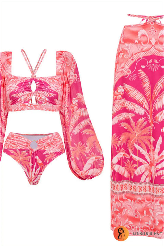 Long Sleeve Tropical Bikini with Ring Cutout - Palm Grove Ease - s / Set - Beachwear • Boho • just in • Sheer