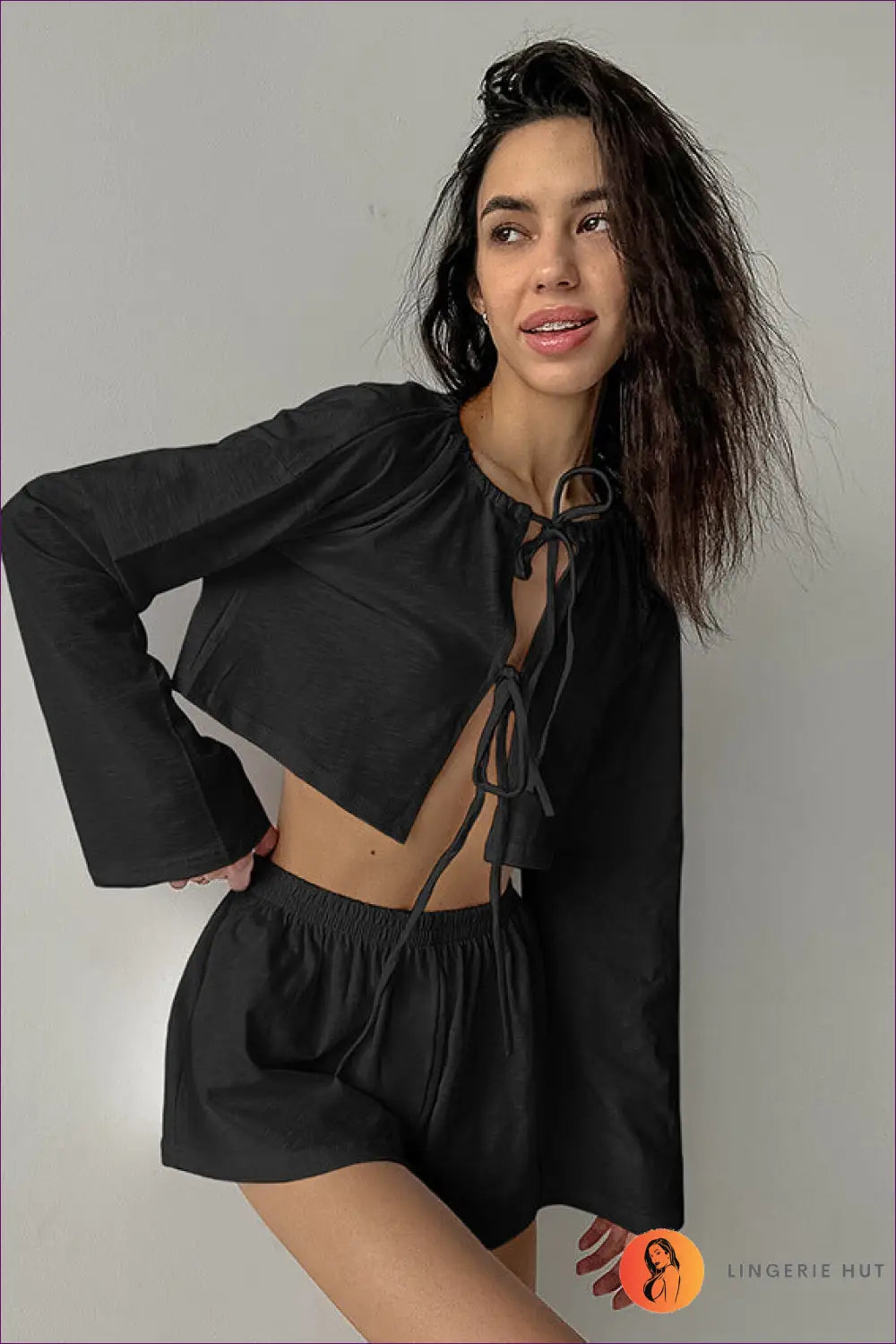 Lounge Set with Tie-front Detail - Fresh Morning Energy - s / Black - Loungewear - Lingerie Hut - All Season • Casual