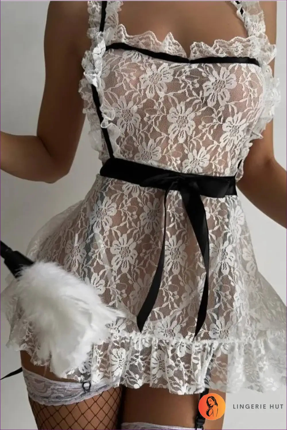 Lace Maid Costume with Ruffle Trim - Fantasy Roleplay Ready - White / one Size - Bodysuit - Garter • Honeymoon • Lace