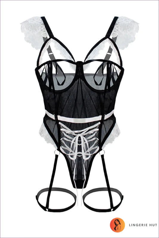 Maid Costume Bodysuit with Lace-up Cutout - Party Ready Energy - 2xl / Black - Lingerie Hut - Mesh