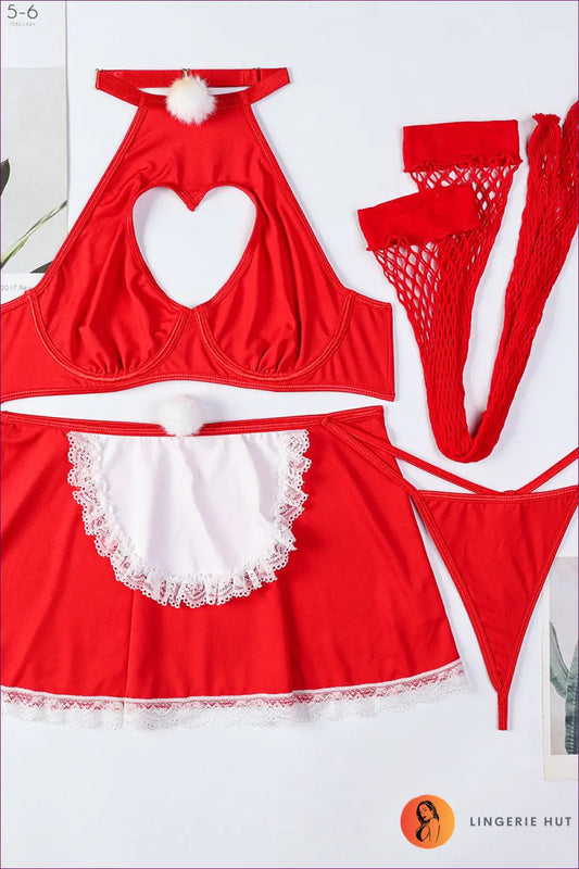 Maid Costume Set with Heart Cutouts - Playful Festive Roleplay - s / Red - Outfit - Cutout • Lace • Party - Lingerie Hut