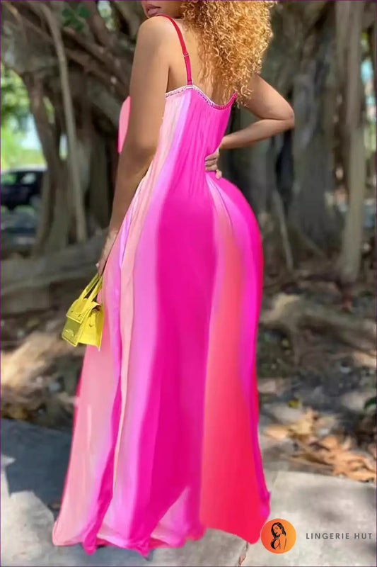 Maxi Cami Dress with Deep v Neck - Summer Escape for Backless, Boho, Casual, Chiffon, Cutout