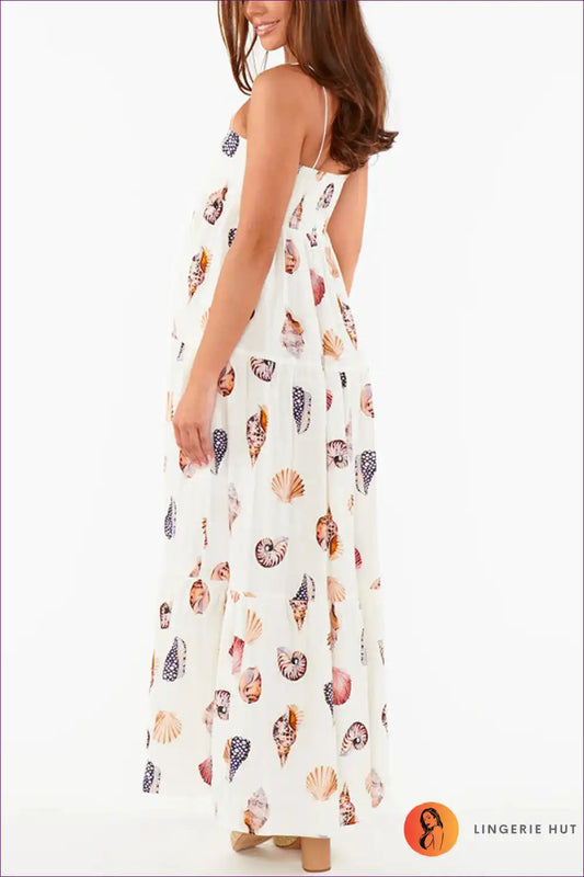 Maxi Cami Dress with Seashell Print - Carefree Beach Escape for Beachwear, Boho, Casual, Dress, Everyday