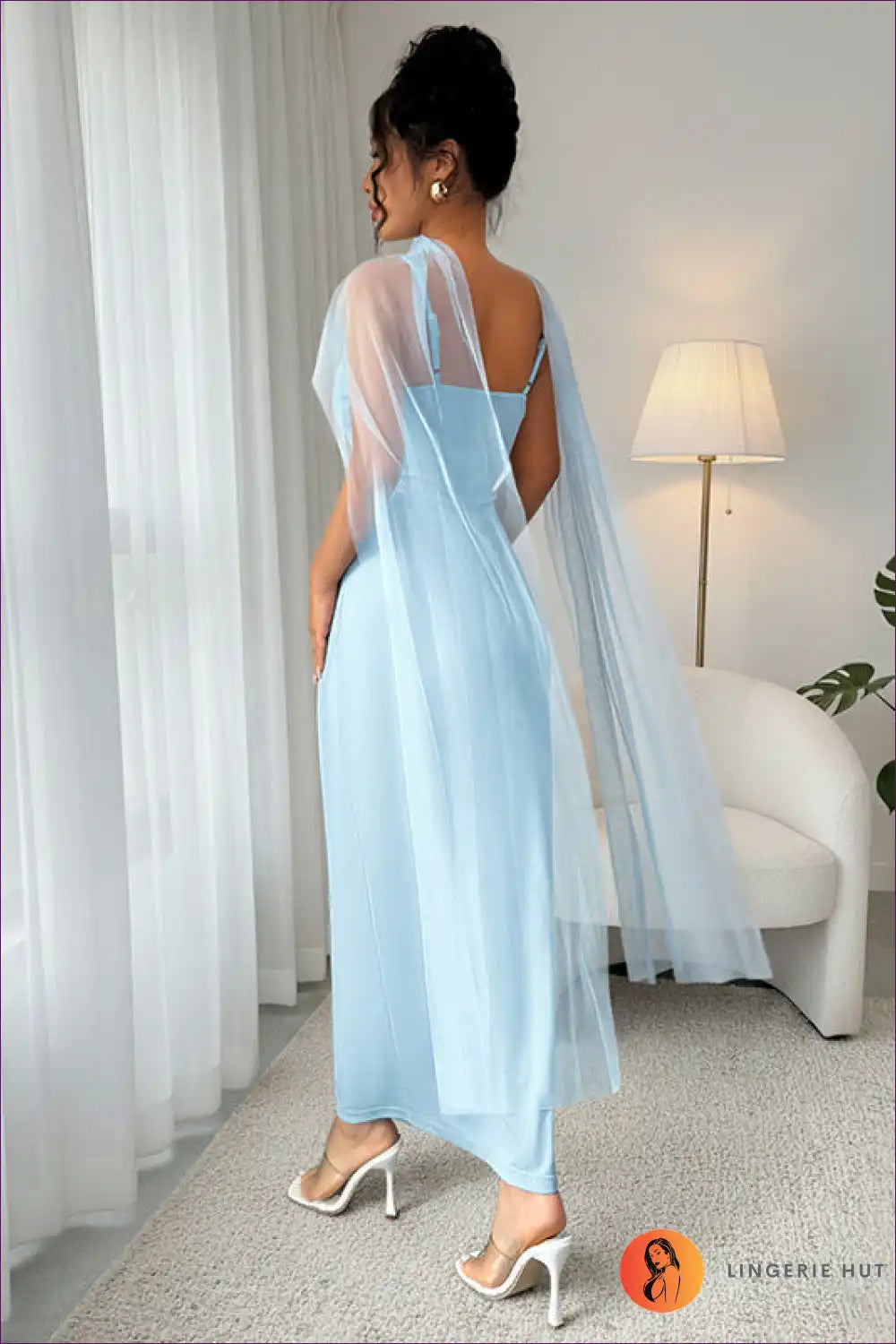 Maxi Cami Dress with Sheer Cape Overlay for Elegant Events Evening Wear, Formal Jersey, just In,