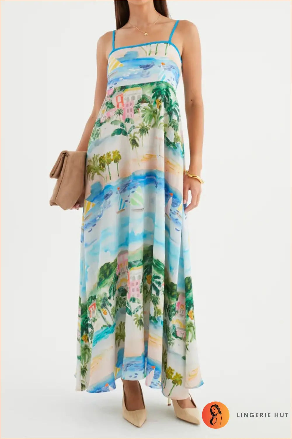 Maxi A-line Dress with Architectural Print - Effortless Elegance - s / Skyblue - Dresses - Backless • Casual • Clothing