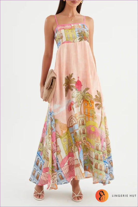 Maxi A-line Dress with Architectural Print - Effortless Elegance - s / Pink - Dresses - Backless • Casual • Clothing