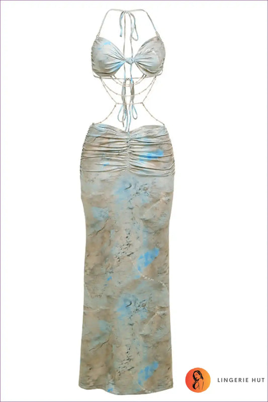 Maxi Dress with Bead Halter and Ruched Detail - Sunset Escape Mood for Backless, Boho, Cutout, Dress, Glamour