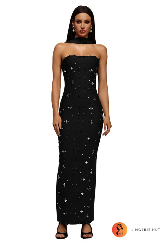 Crystal Embellished Maxi Dress - Understated Glamour - s / Black - Dresses - Lingerie Hut - Autumn • Cutout • Evening