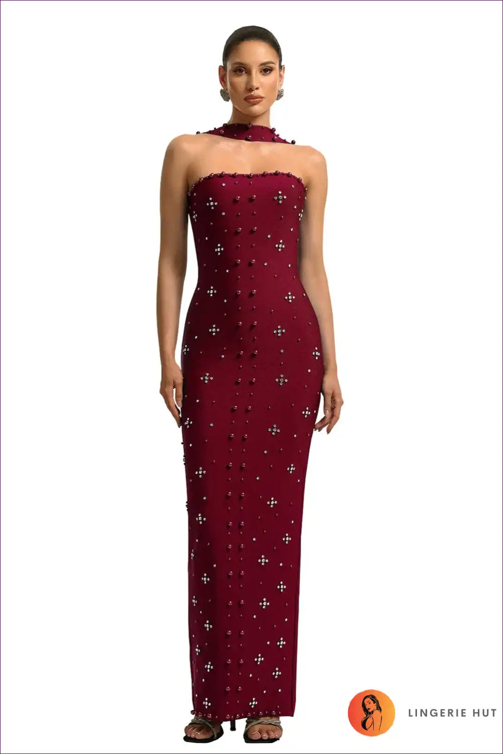 Maxi Dress with Crystal Embellishments - Red Carpet Ready for Autumn, Cutout, Dress, Evening Wear, Formal Wear
