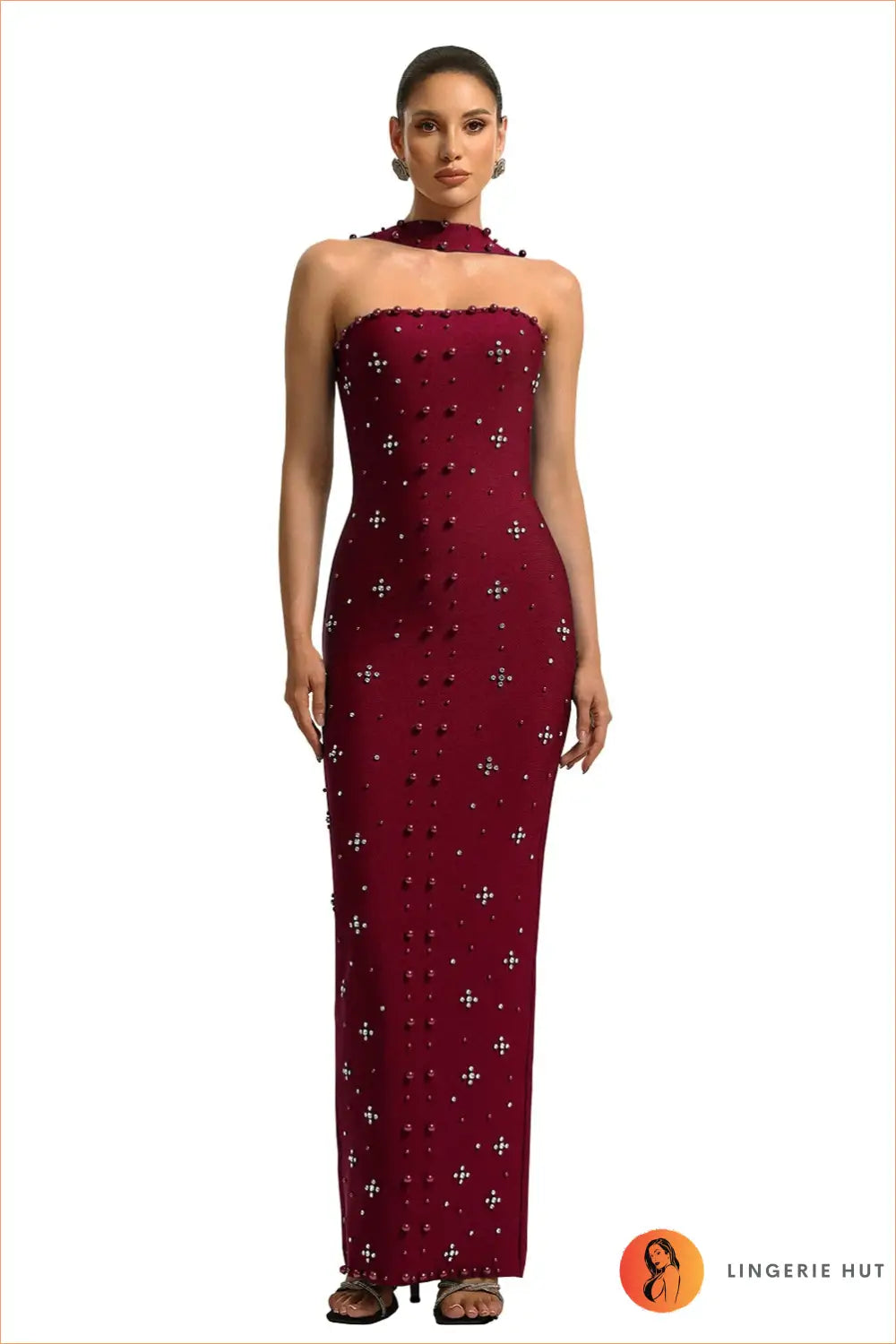 Crystal Embellished Maxi Dress - Understated Glamour - s / Wine Red - Dresses - Clothing • Night out - Lingerie Hut
