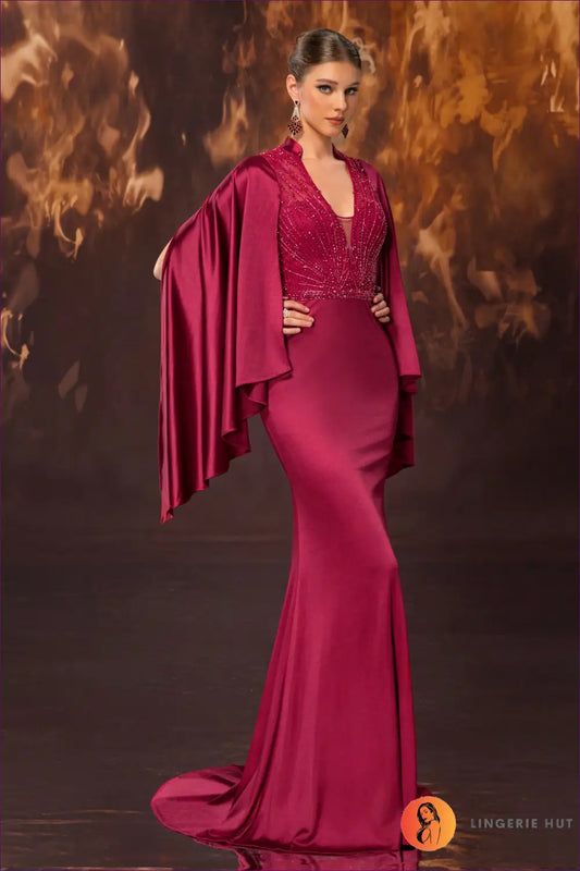 Maxi Dress with Dramatic Sleeves - Understated Glamour - s / Burgundy - Dresses - Lingerie Hut - A-line • Autumn