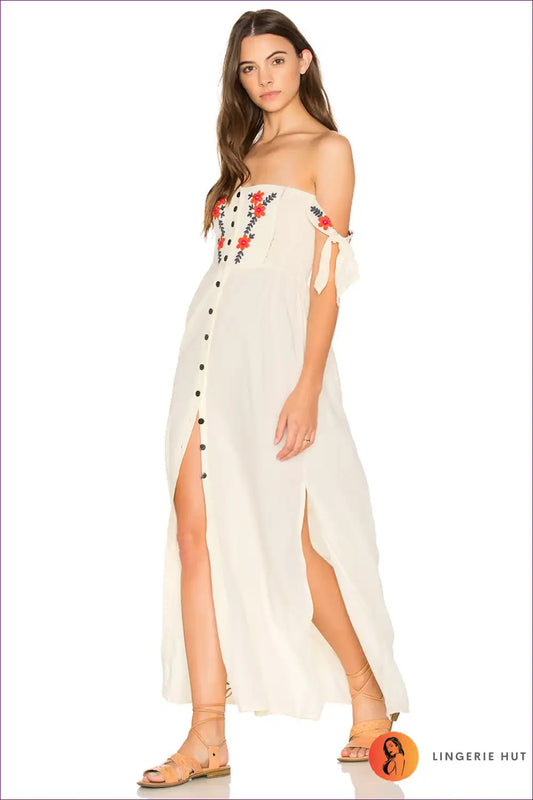 Maxi Dress with Embroidered Detail - Bohemian Elegance for A-line, Boho, Casual, Cotton,