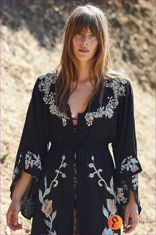 Maxi Dress with Embroidered Florals - Bohemian Wanderlust - Dresses - Lingerie Hut - A-line • All Season • Boho • Casual