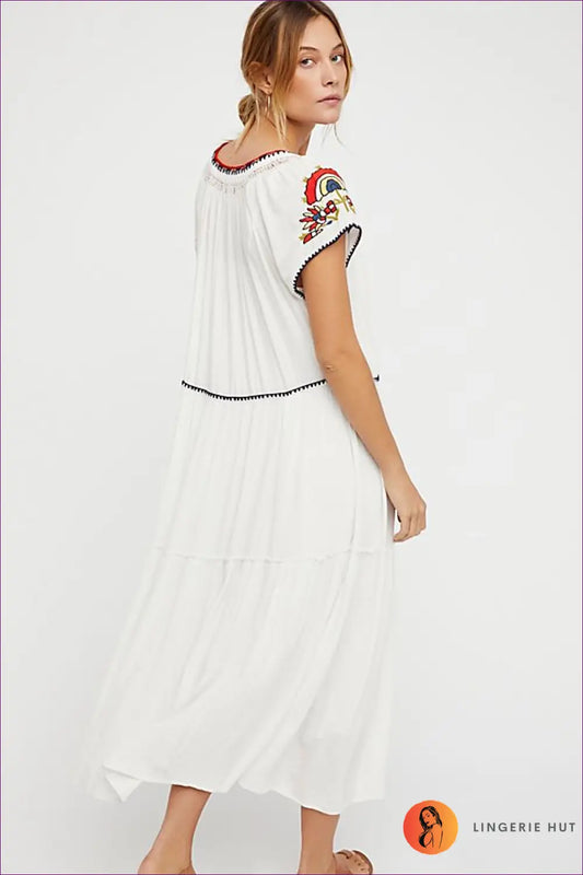 Embroidered Maxi Dress with Tie Neck - Effortless Bohemian Elegance - Dresses - Lingerie Hut - A-line • Boho • Casual