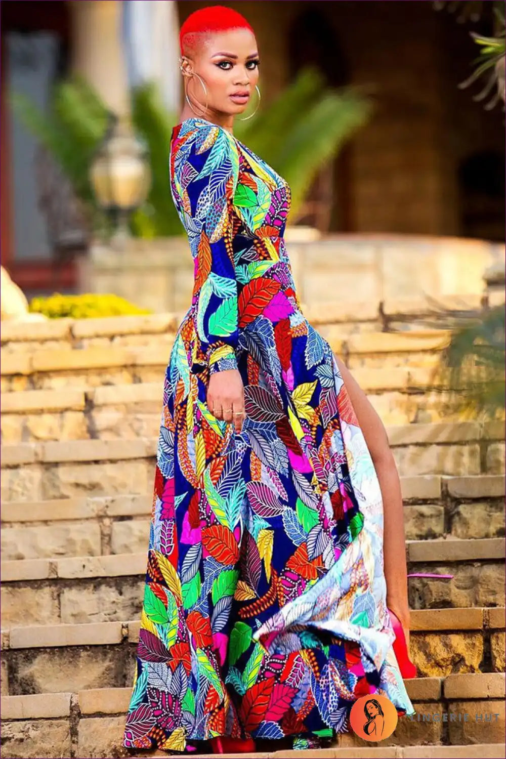 Maxi Dress with Feather Print - Vacation Glamour