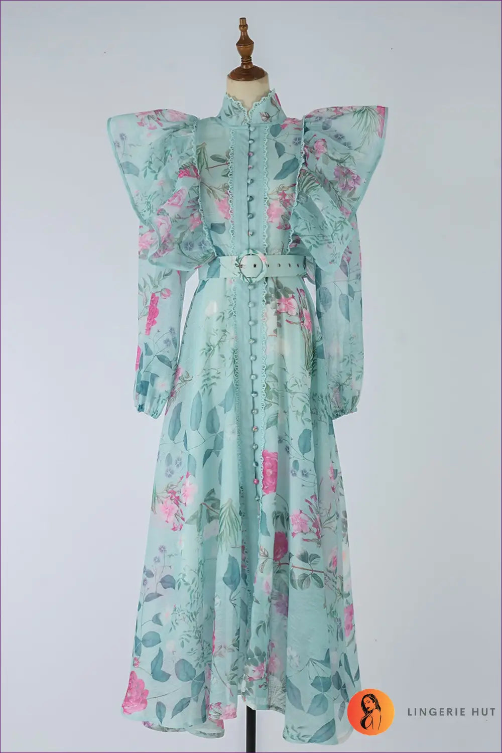 Floral Maxi Dress with Balloon Sleeves - Garden Party Ready - m / Green - Dresses - Lingerie Hut - A-line • Boho