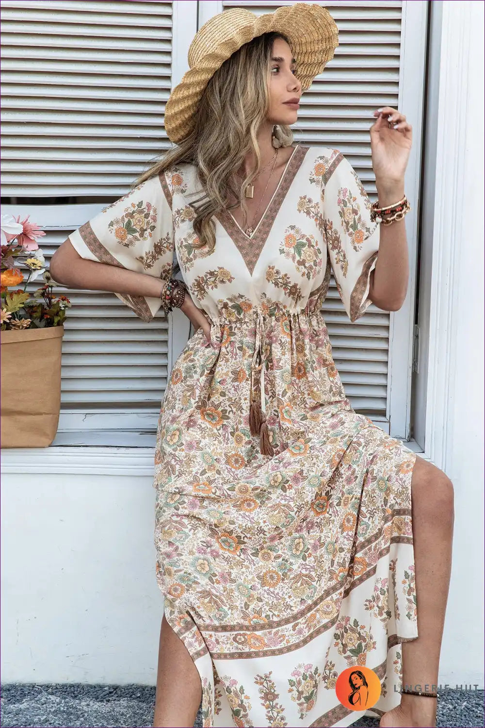 Maxi Dress with Flutter Sleeves - Bohemian Wanderlust for A-line, Boho, Casual, Dress, Everyday