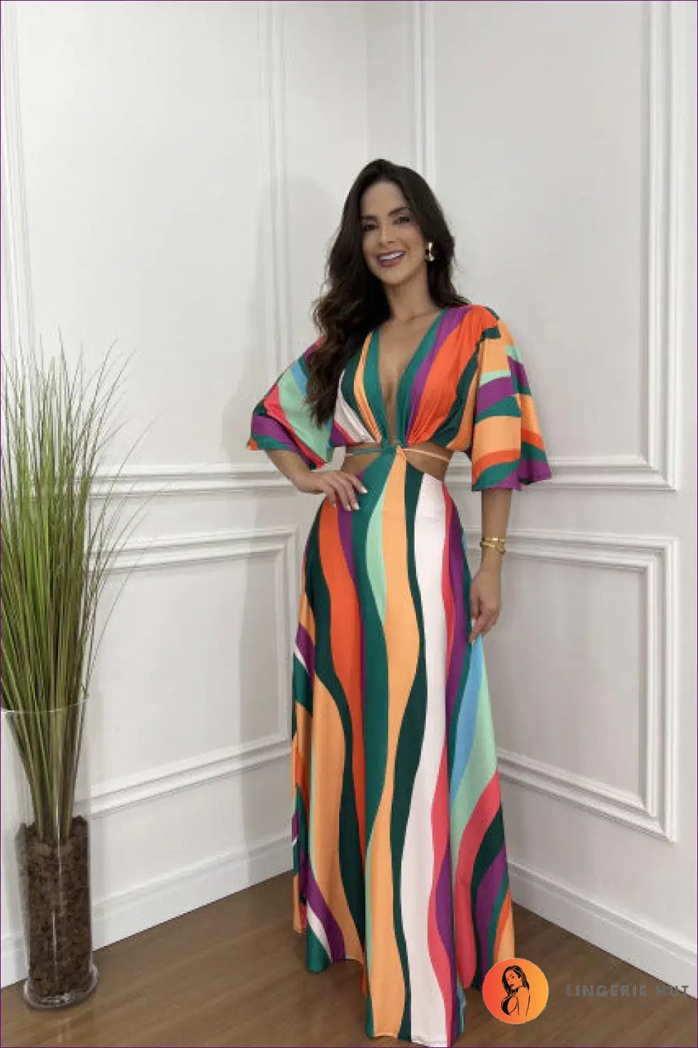 Maxi Dress with Geometric Cut-outs - Effortless Boho Glamour - s / Floral Wave Stripes - Dresses - Lingerie Hut